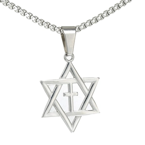 Polished Stainless Steel Star Of David Cross Pendant Necklace For Men Women Religious Hexagram Jewelry Steel Color