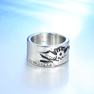 Punk silver stainless steel ring with crown wing relief and zircon stone setting