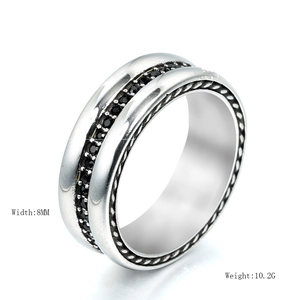 8mm vintage silver titanium ring for couples with black stones and twisted rope edges
