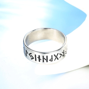 Nordic viking rune band ring in silver stainless steel with black engraved characters