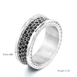 8mm titanium steel unisex ring featuring four rows of black cubic zirconia and cable edges