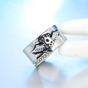 Vintage punk skull wing ring in silver stainless steel with clear crystal inlay for men
