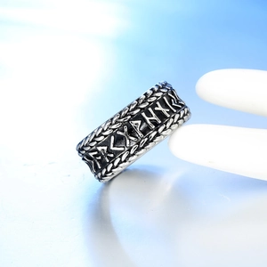 Vintage Viking rune stainless steel ring with bear claw and wheat texture engraving