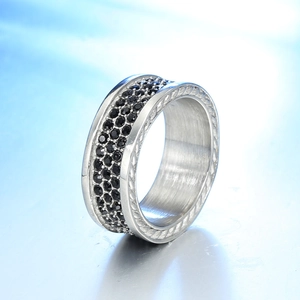 Polished silver titanium steel ring with three rows of black cubic zirconia and rope edges