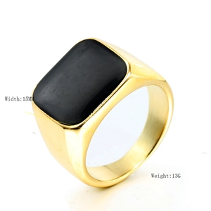 Anello a sigillo da uomo in acciaio inossidabile dorato con smalto nero, larghezza 15 mm