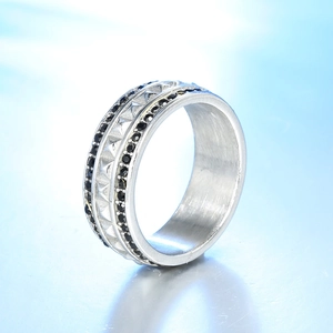 Mens stainless steel ring with white zircon stones and pyramid studs in punk style
