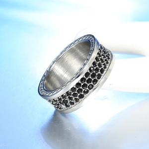 Polished titanium steel wide band ring featuring micro-paved black stones and rope edges