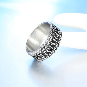 Vintage stainless steel Viking rune ring with bear claw motif and braided rope texture
