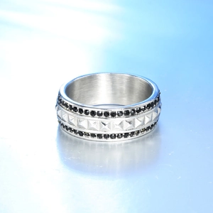 Polished stainless steel men's ring with black cubic zirconia and pyramid rivets
