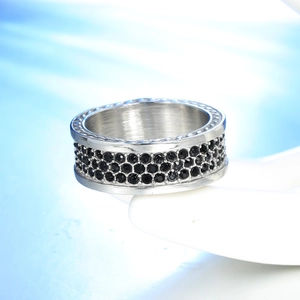 Polished titanium steel ring with three rows of black zircon stones and wavy edges