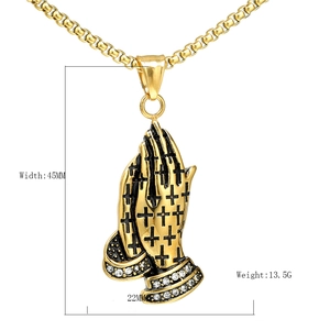 Détails des dimensions du pendentif mains en prière doré avec mesures et cristaux