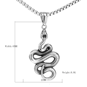 Vintage stainless steel snake pendant necklace with coiled scales on a square box chain