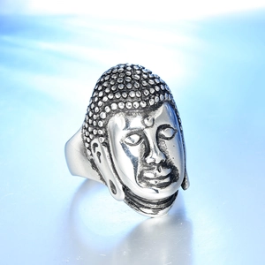 Vintage stainless steel Buddha head ring for men with detailed 3D relief engraving