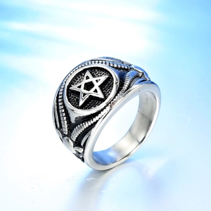 Retro stainless steel pentagram ring for men with side rope pattern relief details