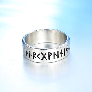 Polished stainless steel Viking Rune ring with Nordic hollow engraving in silver finish