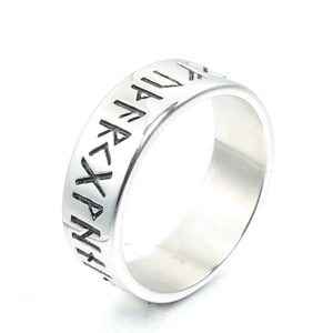 Nordic Viking rune stainless steel ring with vintage hollowed engraving and silver finish