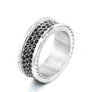 Vintage Titanium Steel Wide Band Ring For Men Women Black Rhinestone Pave Inlaid Geometric Polished Finger Jewelry Ring