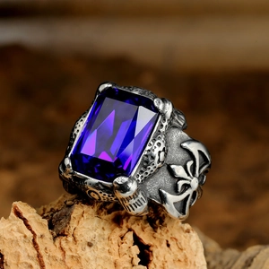 Anello da Uomo Vintage Gothic Punk in Acciaio Inossidabile 316L Con Strass Rettangolare Croce Giglio Goffrato Gioielli