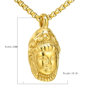 Pendentif tête de Bouddha doré 34mm avec relief vintage et chaîne à maillons carrés