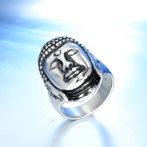 Detailed close-up of retro silver stainless steel Buddha head ring for men with antique finish