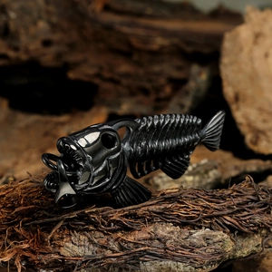 Vintage black stainless steel fishbone pendant necklace with detailed punk bone structure