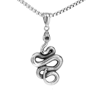 Retro stainless steel snake pendant necklace with detailed scales on box chain for men