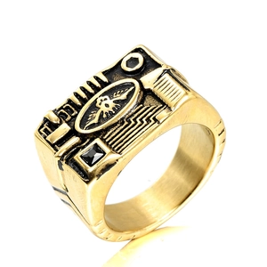 Vintage Titanium Steel Punk Winged Skull Ring With Rhinestone Geometric Industrial Signet Ring For Men Gothic Hip Hop Jewelry