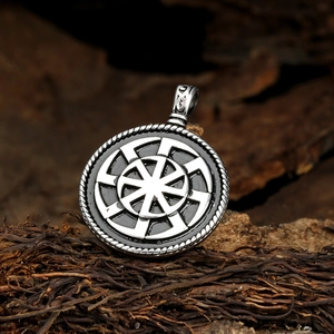 Vintage silver Kolovrat sun wheel pendant necklace for men with braided metal border