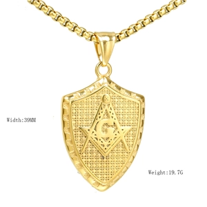 Gold Masonic shield pendant with compass and square emblem on beaded steel chain