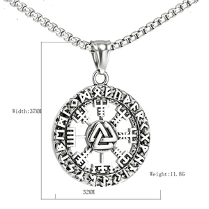 Vintage Viking Valknut pendant necklace in aged silver steel with runes on white background