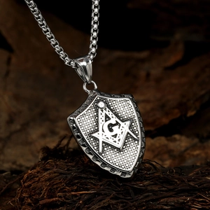 Vintage stainless steel shield pendant with Freemasonry symbol and silver box chain