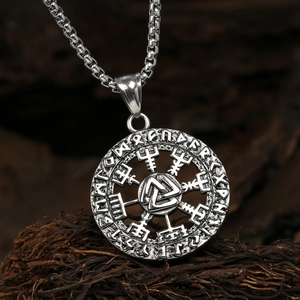 Vintage Viking Odin Valknut necklace in oxidized silver finish with Runes circle pendant