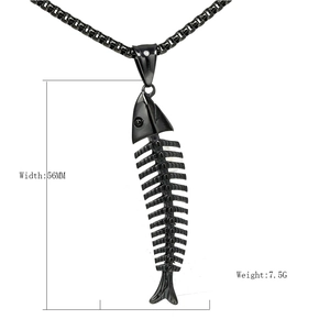 Collana con ciondolo lisca di pesce in acciaio al titanio nero, 56mm e peso 7,5g