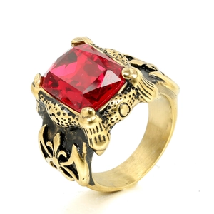 Anillo de hombre punk gótico vintage de acero inoxidable con gema roja cuadrada y garras águila