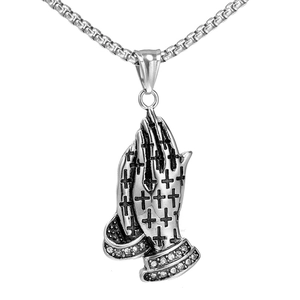 Collier Pendentif Mains en Prière en Acier Inoxydable Religieux Croix Rétro Strass Or Argent Couleur Bijoux pour Hommes Femmes