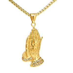 Stainless Steel Praying Hands Pendant Only Without Chain Retro Religious Cross Rhinestone Inlaid Pendant For Men Women Necklaces