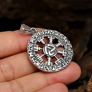 Vintage Viking Valknut and Vegvisir pendant in stainless steel with Futhark runes