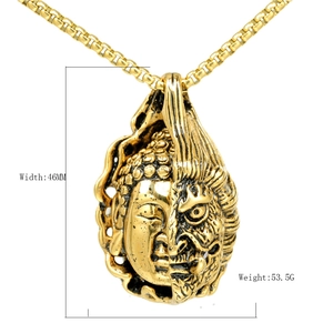 Retro stainless steel pendant necklace featuring half-Buddha half-demon design