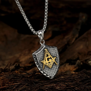 Retro Viking shield pendant necklace with Freemasonry symbol G in silver and gold steel