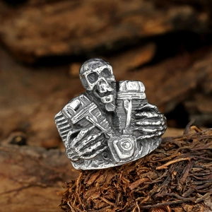 Vintage gothic skull motorcycle engine ring in distressed silver finish for men