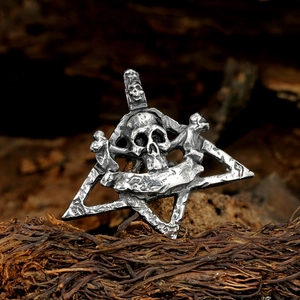 Gothic punk skull necklace with pentagram embossment in vintage silver stainless steel