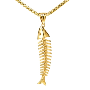 Collana con ciondolo a lisca di pesce d'oro punk gotico in acciaio al titanio lucido