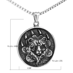Round stainless steel necklace with bear head and claw engraving, 48mm pendant size