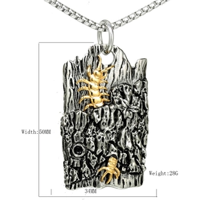 Gothic punk necklace with golden centipede pendant on heavy silver bark textured block