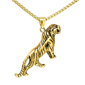 Collier Pendentif Tigre en Acier Inoxydable pour Homme Bijoux Tête de Tigre Zodiaque Vintage Occidentale Couleur Or Acier