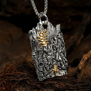Hip hop centipede rectangle pendant necklace with bark texture and silver box chain