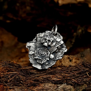 Vintage punk rock skull necklace with V-Twin engine pendant in aged stainless steel