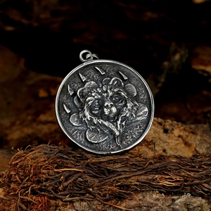 Retro stainless steel round pendant featuring a detailed embossed panda and bear paw design