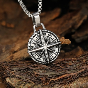 Vintage stainless steel compass star pendant necklace with silver box chain for men