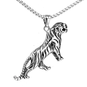 Collier pendentif tigre en acier inoxydable vintage avec chaîne box pour hommes en argent